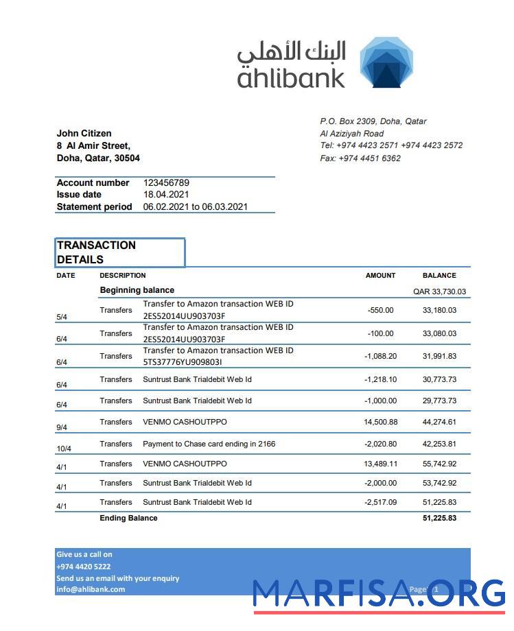 Blank Qatar Ahli bank statement excel example